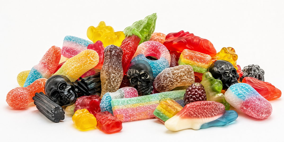 Pile of Swedish gummy candy, sour worms, and skull-shaped sweets