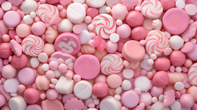 Pink and white freeze-dried candy assortment with swirls and lollipops