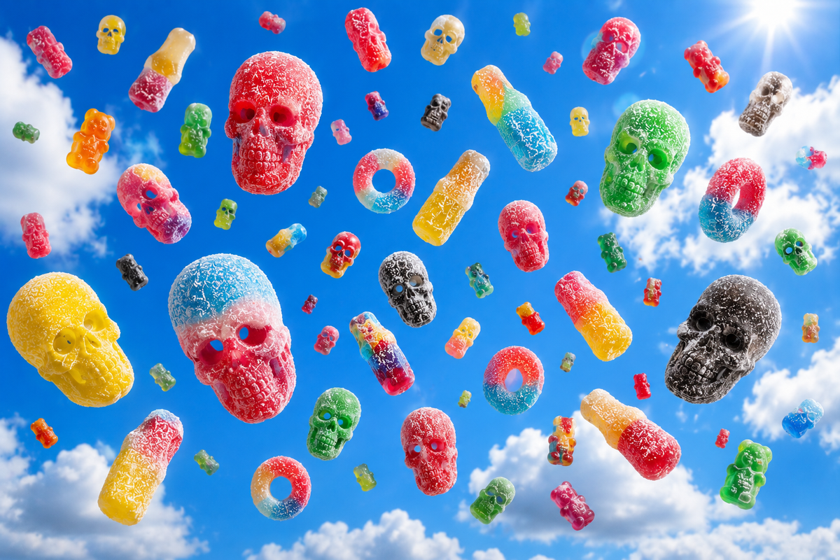 Swedish candy skulls and gummy bears floating in a blue sky